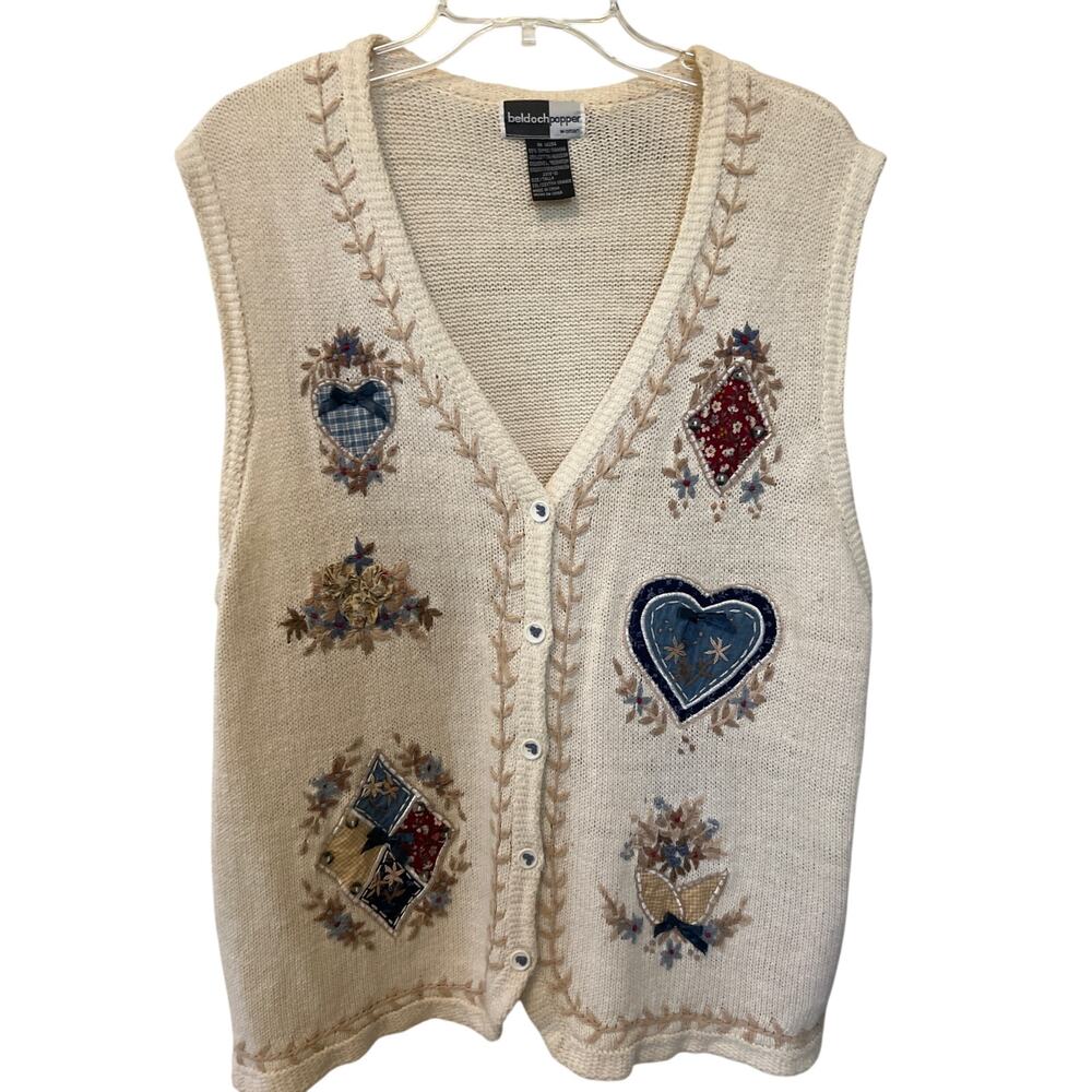 Beldoch Popper Vintage Women's Knit Sweater Vest Embroidered Size 2XL Cottage